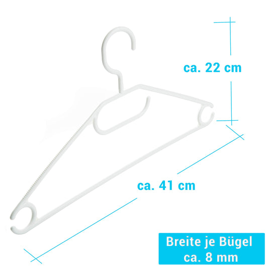 50 white plastic hangers with swivel hooks, approximately 41 cm long, a sustainable solution for organizing your closet, Made in EU, environmentally friendly with 100% recycled material.