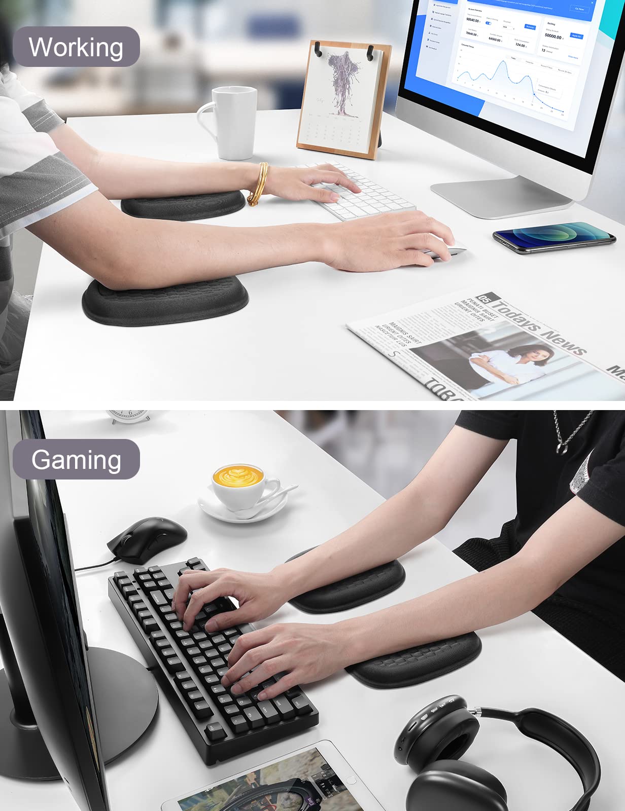 Vaydeer Wrist Rest Pad - Ergonomic elbow protector with gel armrest for desk, memory foam armrest support for office, gaming, computer, laptop, Mac - Black, 1 pair