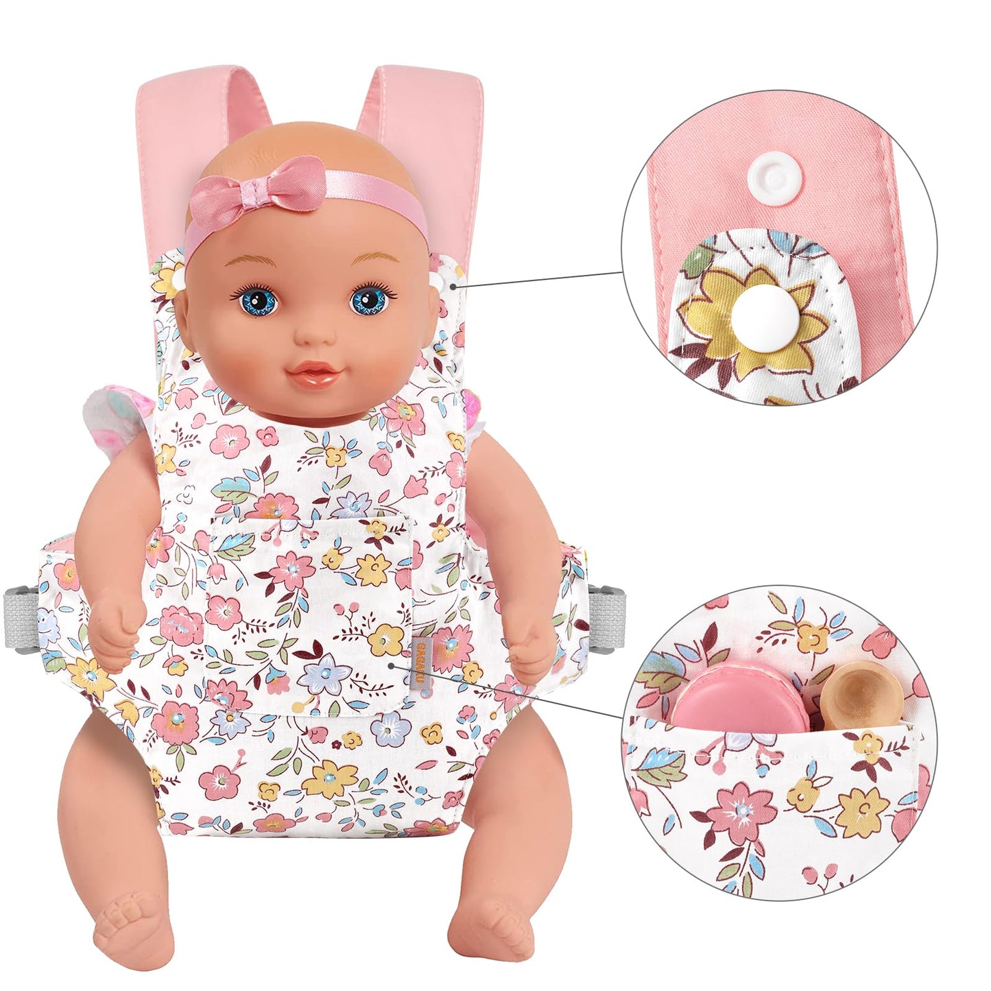GAGAKU doll carrier for kids, adjustable straps, pink (peach blossom) - doll accessory for carrying dolls on belly.