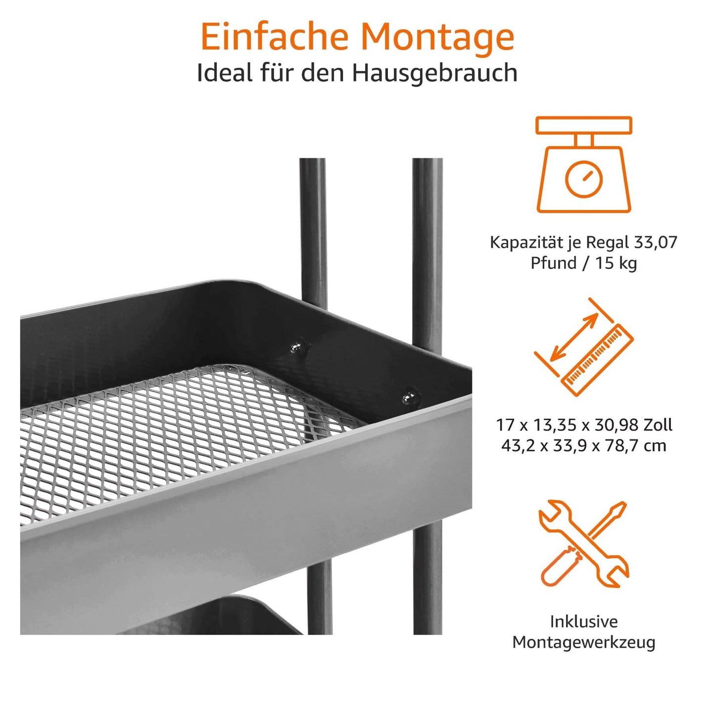 Amazon Basics Tool or Kitchen Trolley, 3 Levels, Metal, Anthracite