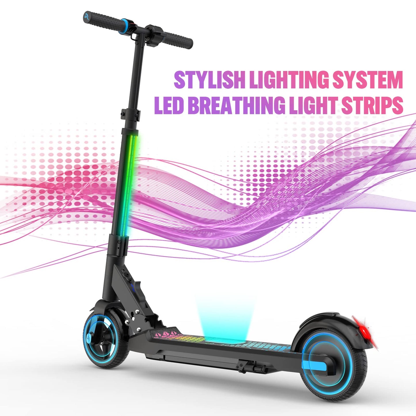 EVERCROSS EV06C electric scooter, 6.5'' Foldable E scooter for kids 6-12 years old, up to 15 km/h & 8 km range, LED display, colorful lights, lightweight electric scooter for kids (Blue + Pink)