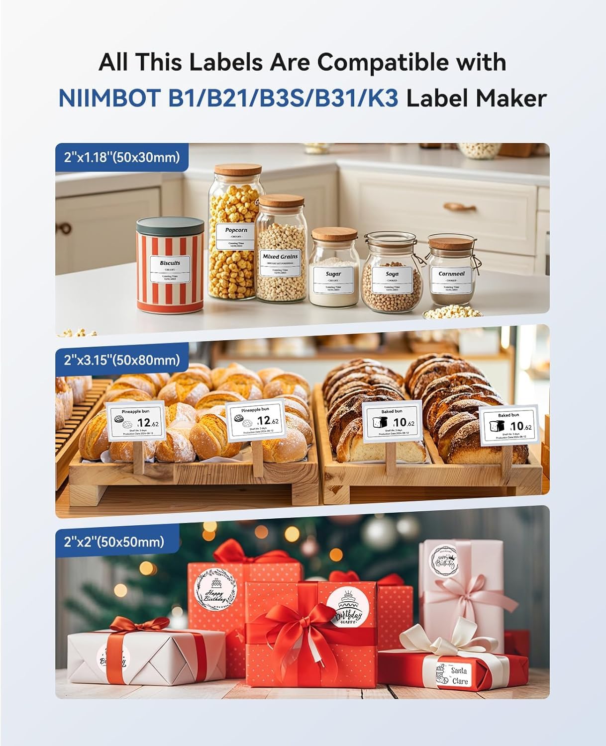 NIIMBOT B1 Bluetooth Label Printer with 3 labels, wide water-resistant labels, versatile app with 30 fonts and over 1500 icons, labeling device for retail, office, organization.