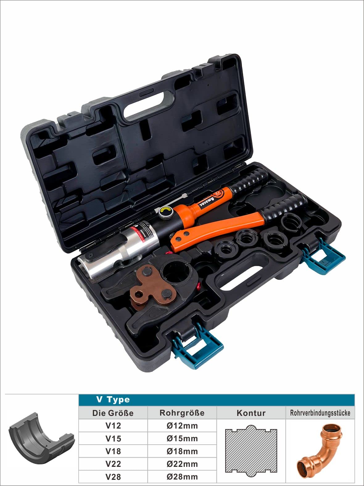 AMZCNC Professional Hydraulic Press Tool V-Contour(SC-Contour) 12-15-18-22-28 Set Press Tool HPZ with 180° rotatable head, for copper pipe, C-steel pipe, stainless steel pipe, jaw inserts V.