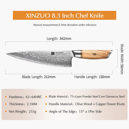 XINZUO 21.2cm chef's knife 73 layers damascus powder steel, professional gyuto knife, hand-forged sharp blade kitchen knife-with ergonomic olive wood handle - Lan Series
