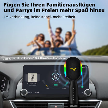 Karaoke microphone, LED wireless Bluetooth microphone, portable karaoke set for kids & adults with music recording, accompaniment mode, home KTV device, compatible with iOS Android FM connection in the car.