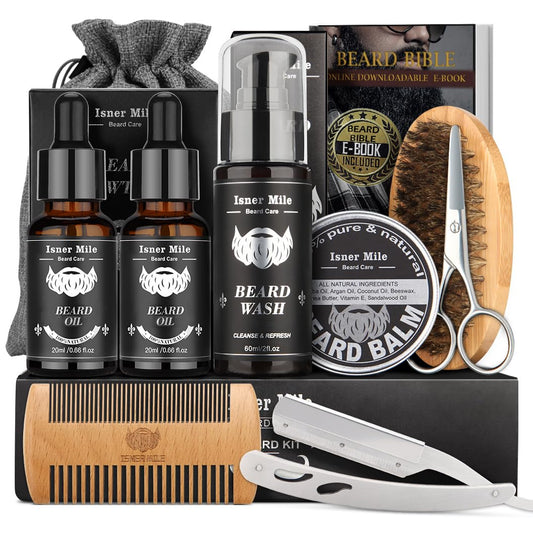 Upgraded beard care set for men beard growth care & trimming with hair conditioner beard oil, beard balm butter wax, beard brush, beard comb, beard scissors, best perfect gift