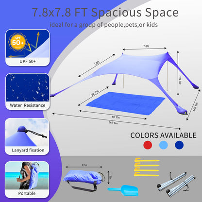 Cuupo beach tent, pop-up, 2x2.1m, SPF 50, Lycra, outdoor sun protection, anti-wind, stability poles, backyard with beach blanket, royal blue.