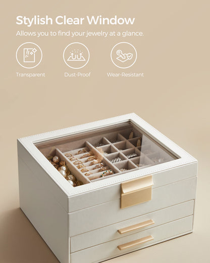 SONGMICS Jewelry box with 3 levels, glass lid, 2 drawers, ample storage, modern design, perfect gift for your loved ones, cloud white-gold JBC239WT.
