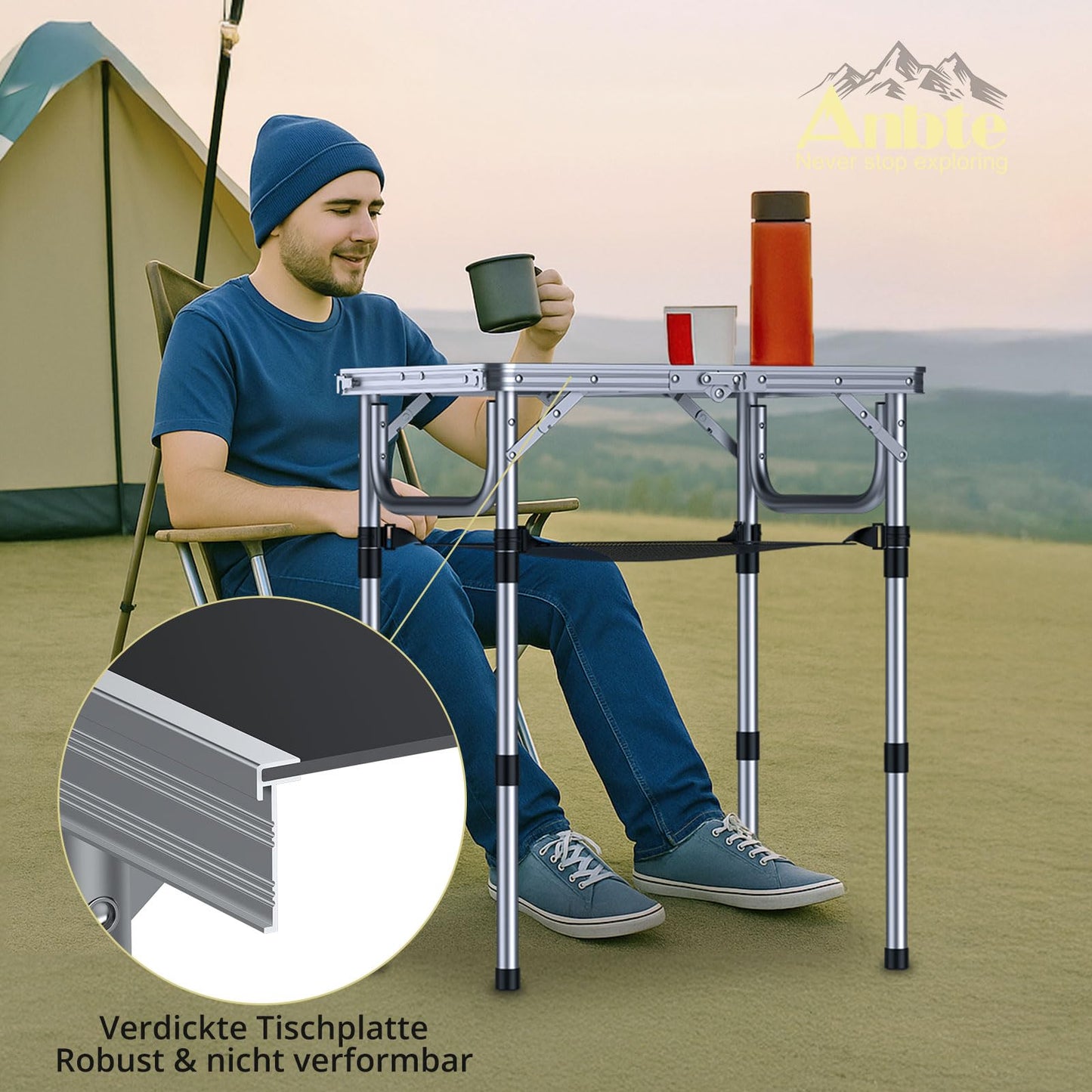 Offer camping table folding table 60x40cm aluminum frame with 3 adjustable heights 26/48/70cm picnic table with storage net portable multifunction table for camping beach balcony (black)