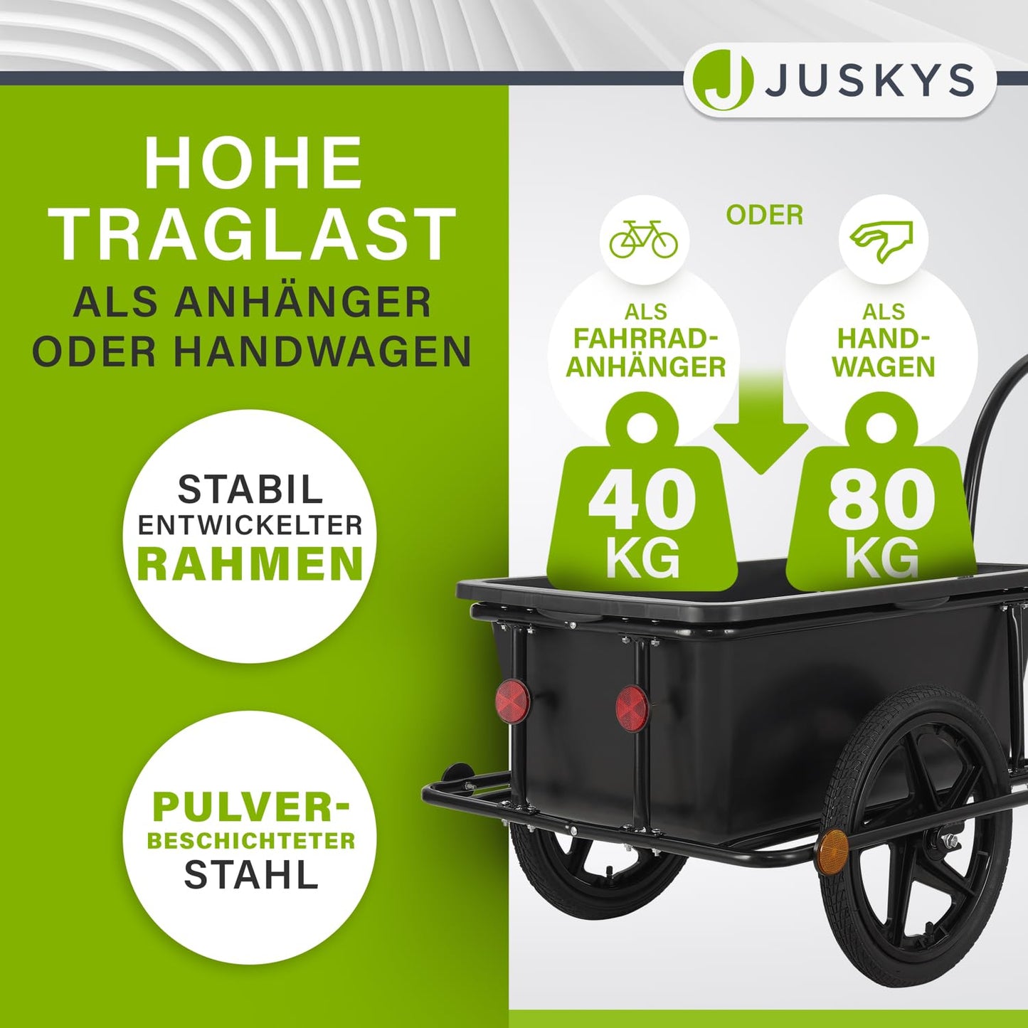 Juskys Bike Trailer 90 liters - Cargo trailer with hitch, drawbar - Trailer for bicycle 40/80 kg payload - Transport trailer with protective cover.