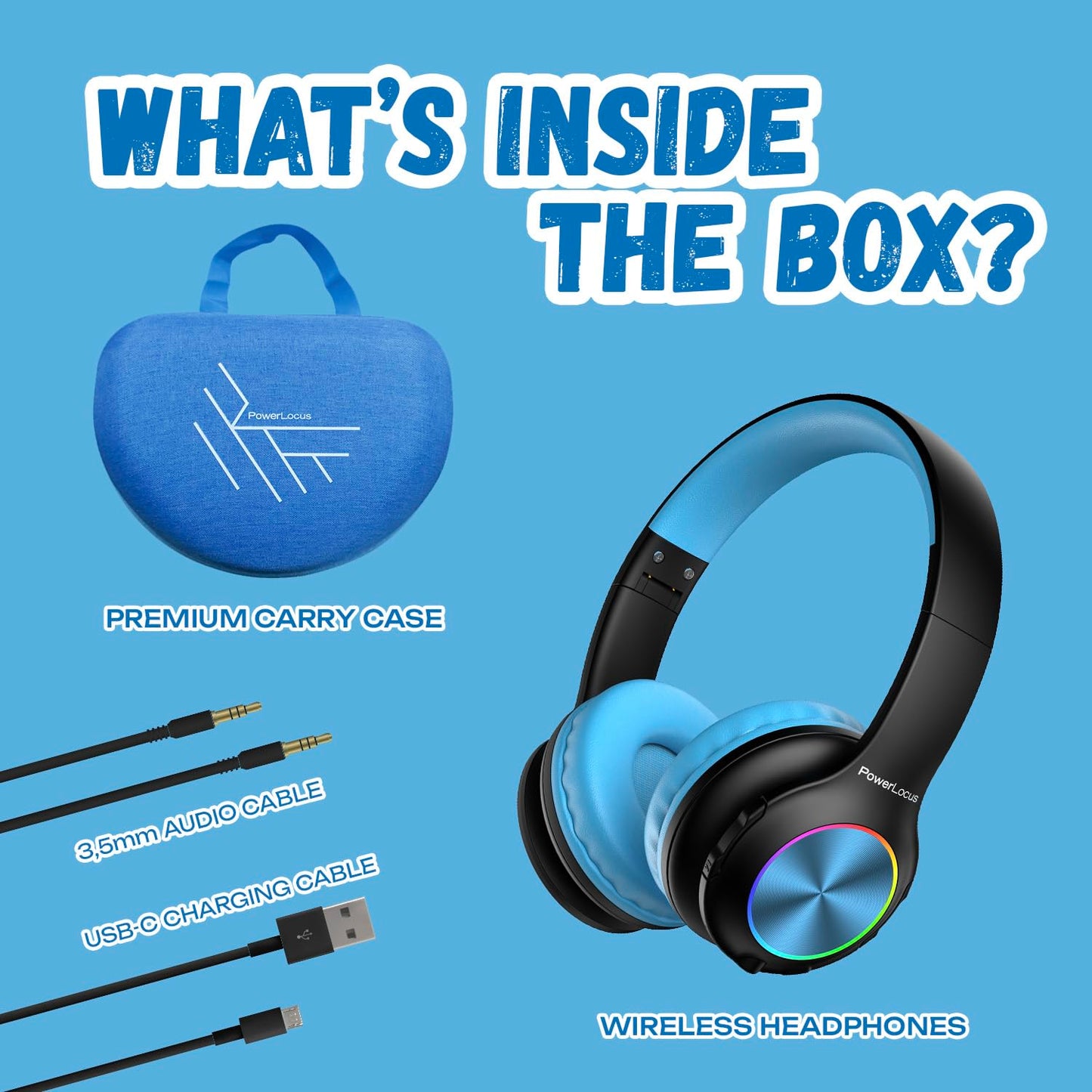 Kids Bluetooth headphones, PowerLocus kids wireless headphones with LED lights, 74/85/94dB volume limiter, foldable headset, HD stereo, micro SD, built-in microphone for school/laptop/phone/TV.