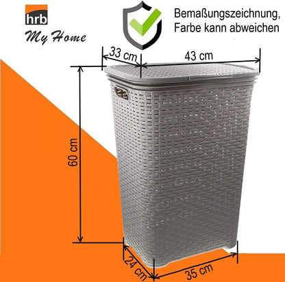 HRB laundry basket with lid made of 65 liters of rattan, plastic laundry storage, laundry sorter (gray)