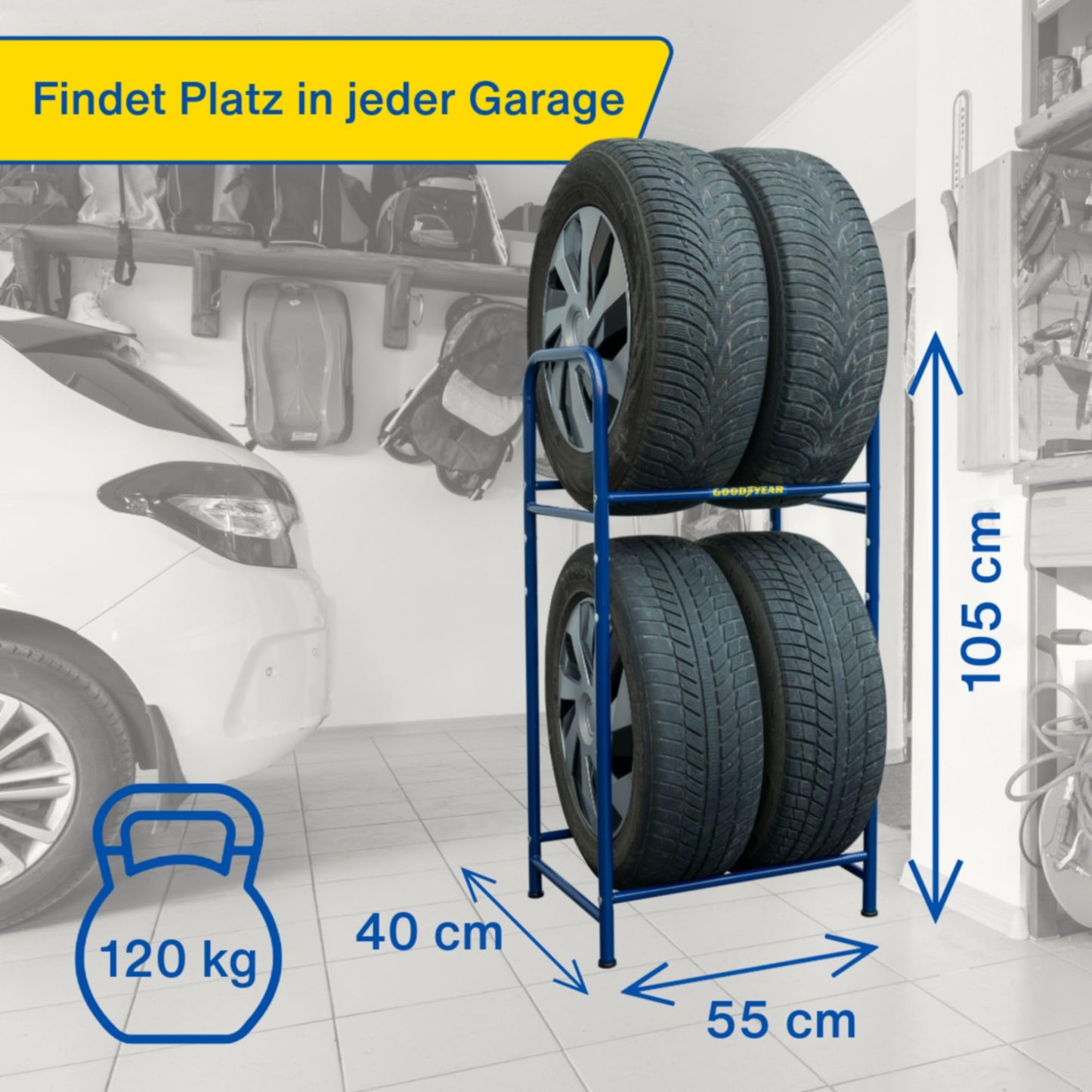 Goodyear tire rack for 4 tires, space-saving storage, height-adjustable, 2 levels, maximum load capacity up to 120 kg, blue.