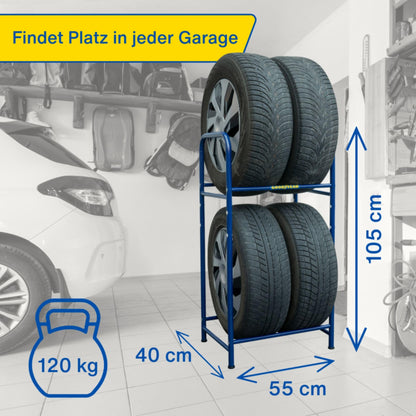 Goodyear tire rack for 4 tires, space-saving storage, height-adjustable, 2 levels, maximum load capacity up to 120 kg, blue.