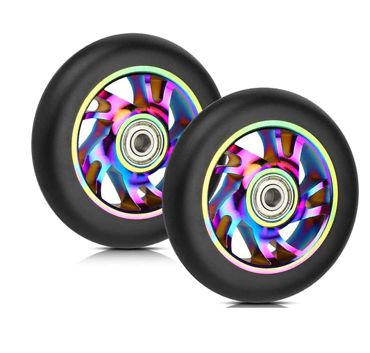 Yungeln 2 pieces 100mm stunt scooter replacement wheels 100 x 24mm 88A full tires with ABEC-9 bearings compatible for most stunt scooters and kick scooters.