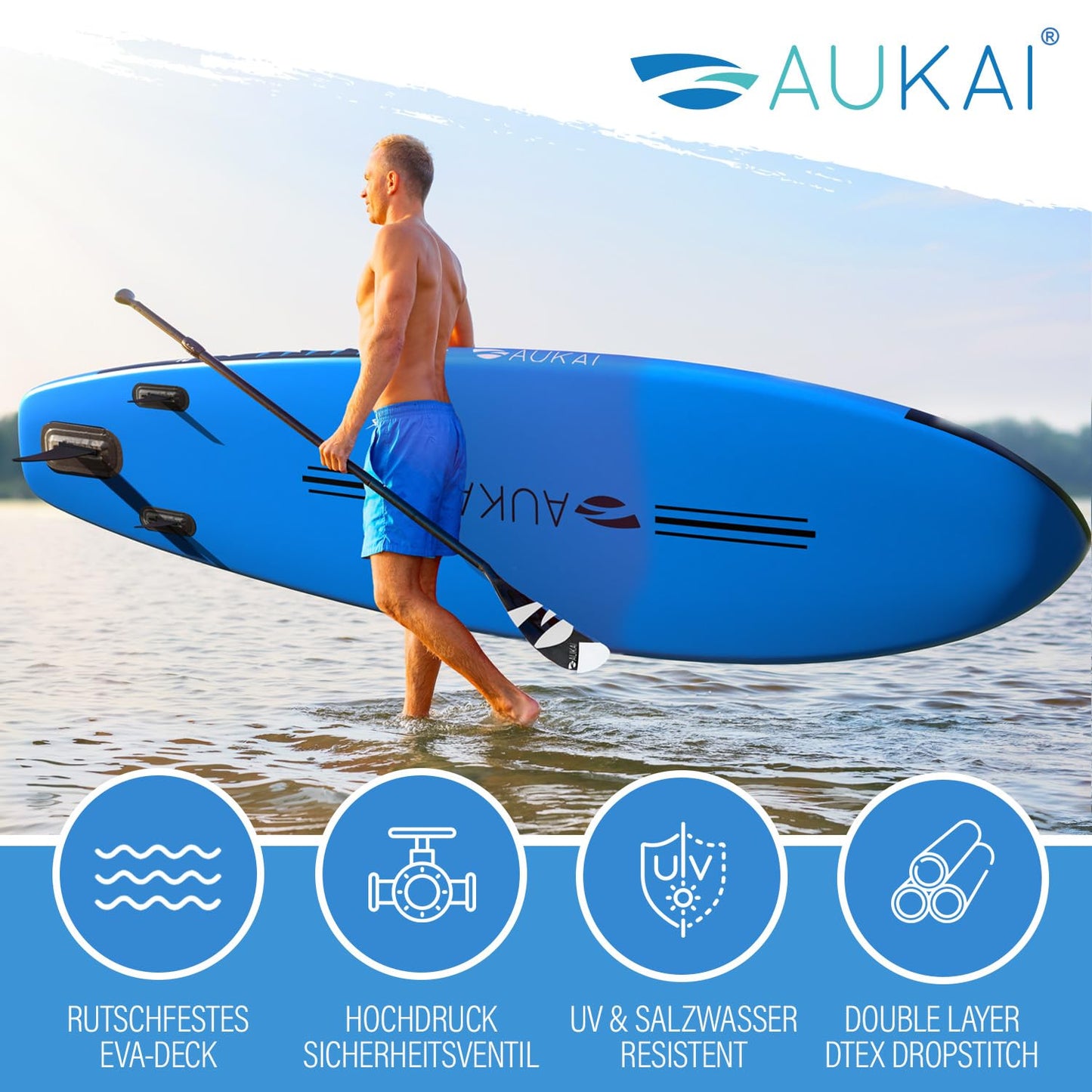 AUKAI SUP Board PRO | Inflatable Stand up Paddle Set | 320cm various models | 5 year warranty | includes special accessories | 2in1 paddle kayak seat action cam mount ankle leash pump backpack (Orange)