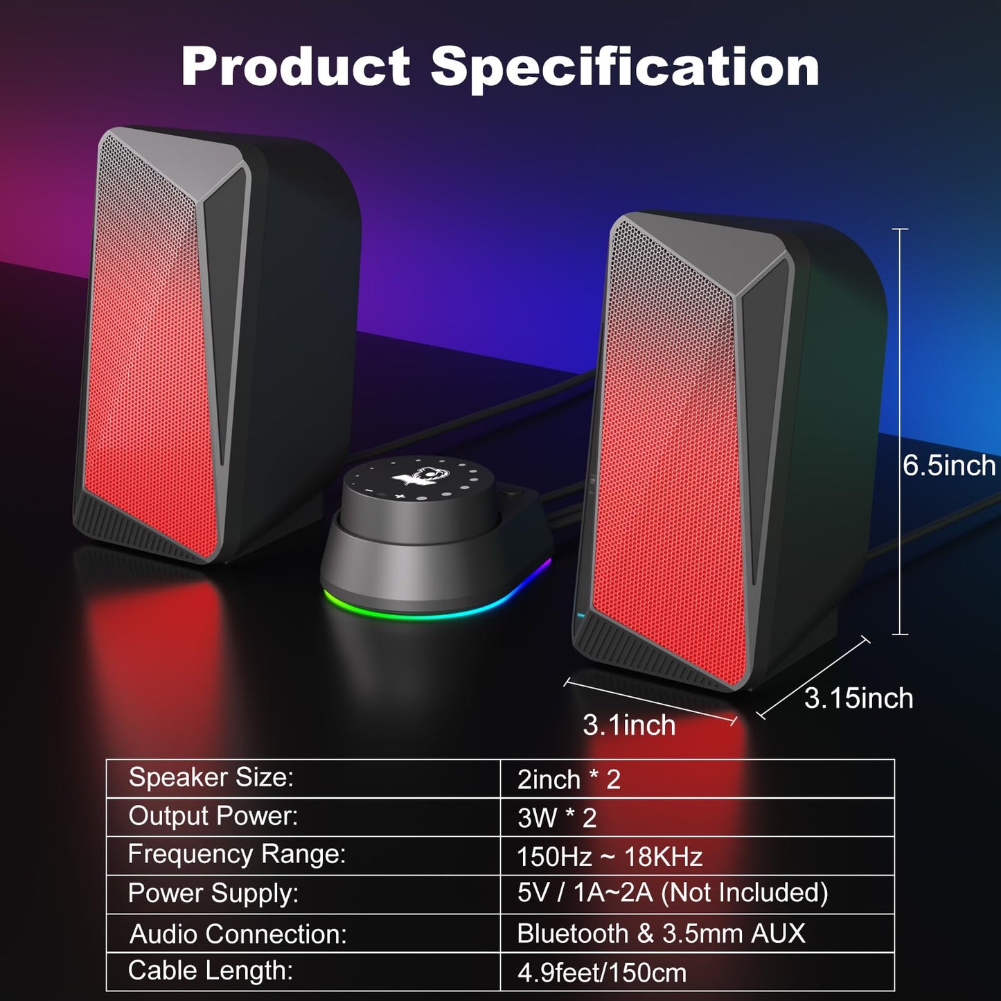 SOULION C30 PC Speakers for Monitor, Laptop, Gaming, Desktop Computer Bluetooth Soundbar with LED, 3.5mm Aux Input, USB-Powered, 1 Pair