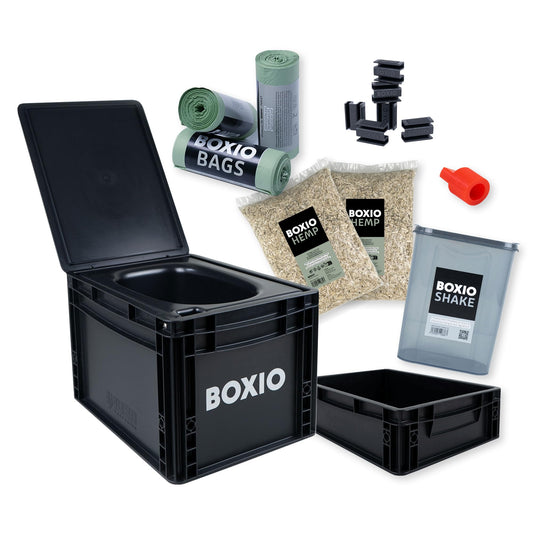 BOXIO - Toilet Max+: Camping toilet complete set, mobile dry separation toilet without chemicals for camping, van, outdoor, rooftop tent. Toilet on Eurobox basis without electricity for on the go, black, 40x30x28.