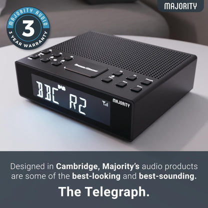 MAJORITY Knapwell | Bluetooth DAB, DAB+ radio alarm clock | Bedside radio with dual alarm, snooze function, large dimmable display | High-fidelity sound, USB charging | FM, headphone jack