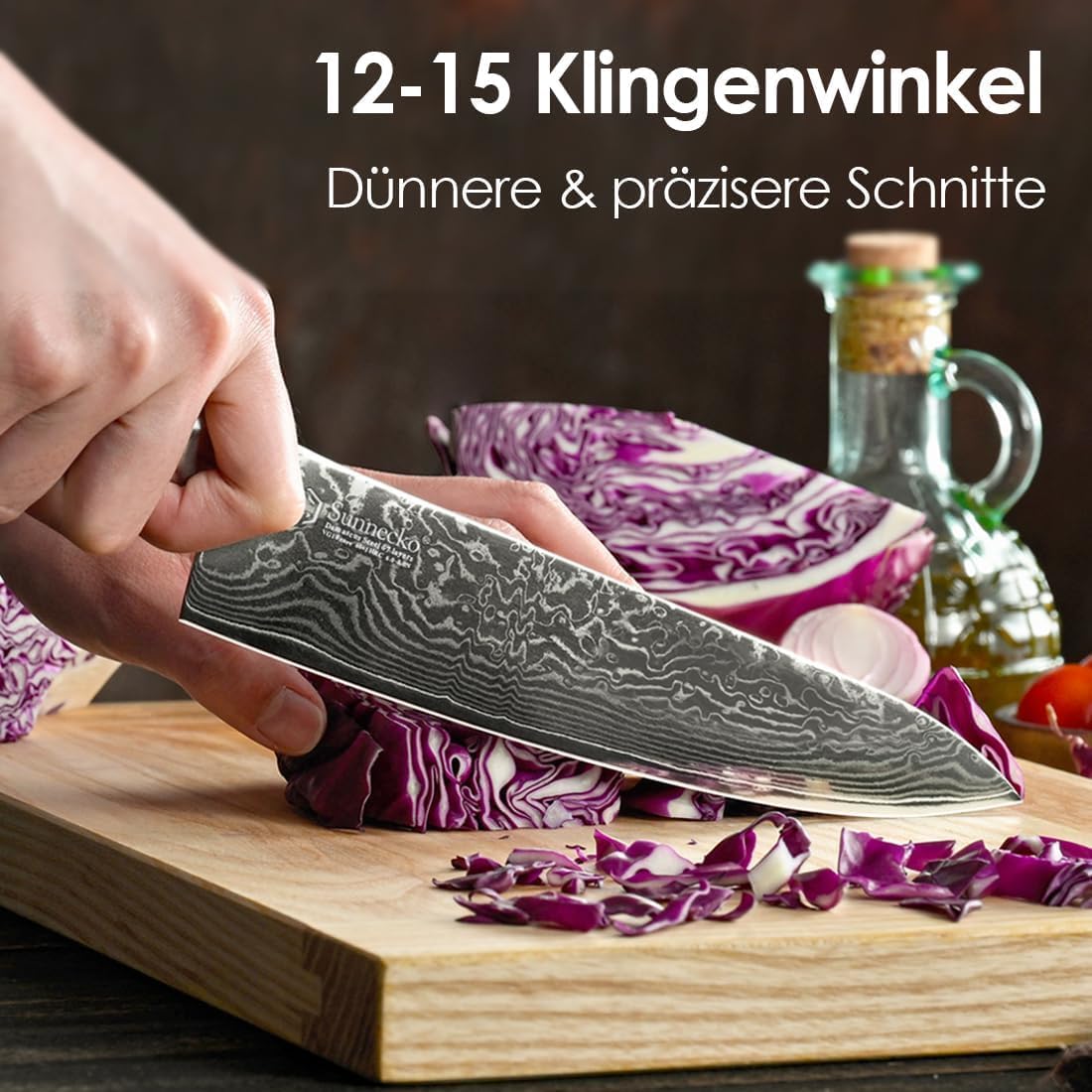Sunnecko 20cm damascus chef knife kitchen knife - Sharp knife made of damascus steel, damascus kitchen knife with ergonomic handle, meat knife for kitchen