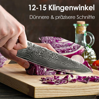 Sunnecko 20cm damascus chef knife kitchen knife - Sharp knife made of damascus steel, damascus kitchen knife with ergonomic handle, meat knife for kitchen