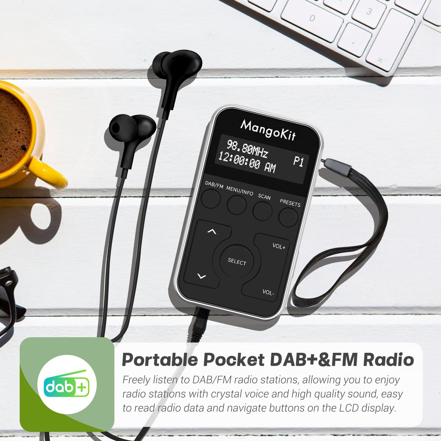 MangoKit MP1+ Portable Pocket DAB DAB+ Radio, Personal FM Radio with Headphones, Sports DAB Radio with Lockable Buttons, Rechargeable Battery, 20 Presets W/Display-Black & Silver.