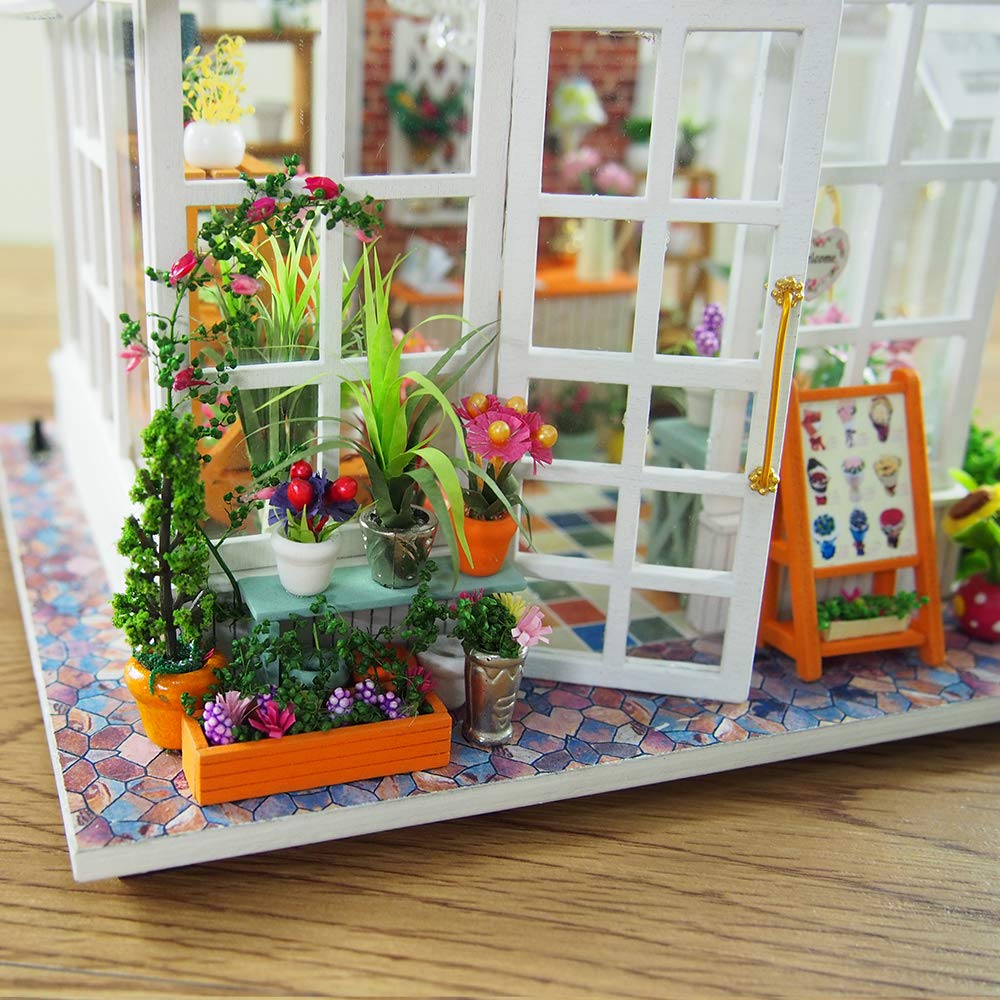 GuDoQi DIY Dollhouse Miniature Kit, 3D Wooden Dollhouse Kit with Furniture and Music and LED Light, Craft Miniature Model Kits for Women and Collectors, Beautiful Flower Shop