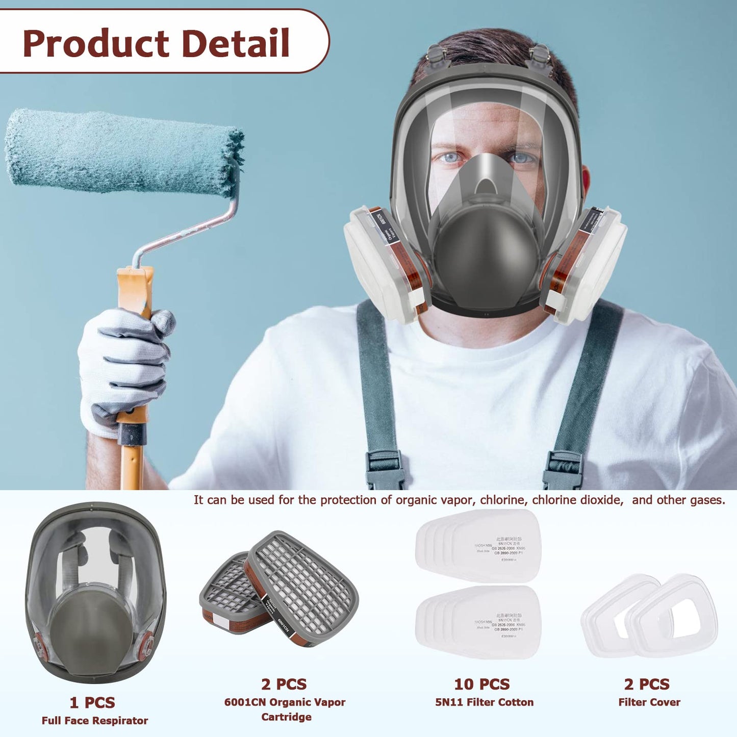 ASNABYYA Full Face Respirator Mask, Reusable Full Face Cover, Wide Field of Vision and Eye Protection for Painting, Welding, Polishing, Woodworking, Grinding, Auto Spraying.