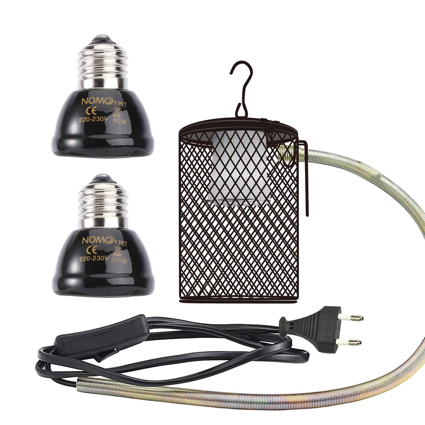 QIODAZOO Reptile Heat Lamp, 2 Pieces 60W 100W Ceramic Heat Lamps and Bulb with a Guard for Turtles, Snakes, Lizards, Frogs, Chicks, EU Plug 220-230V.