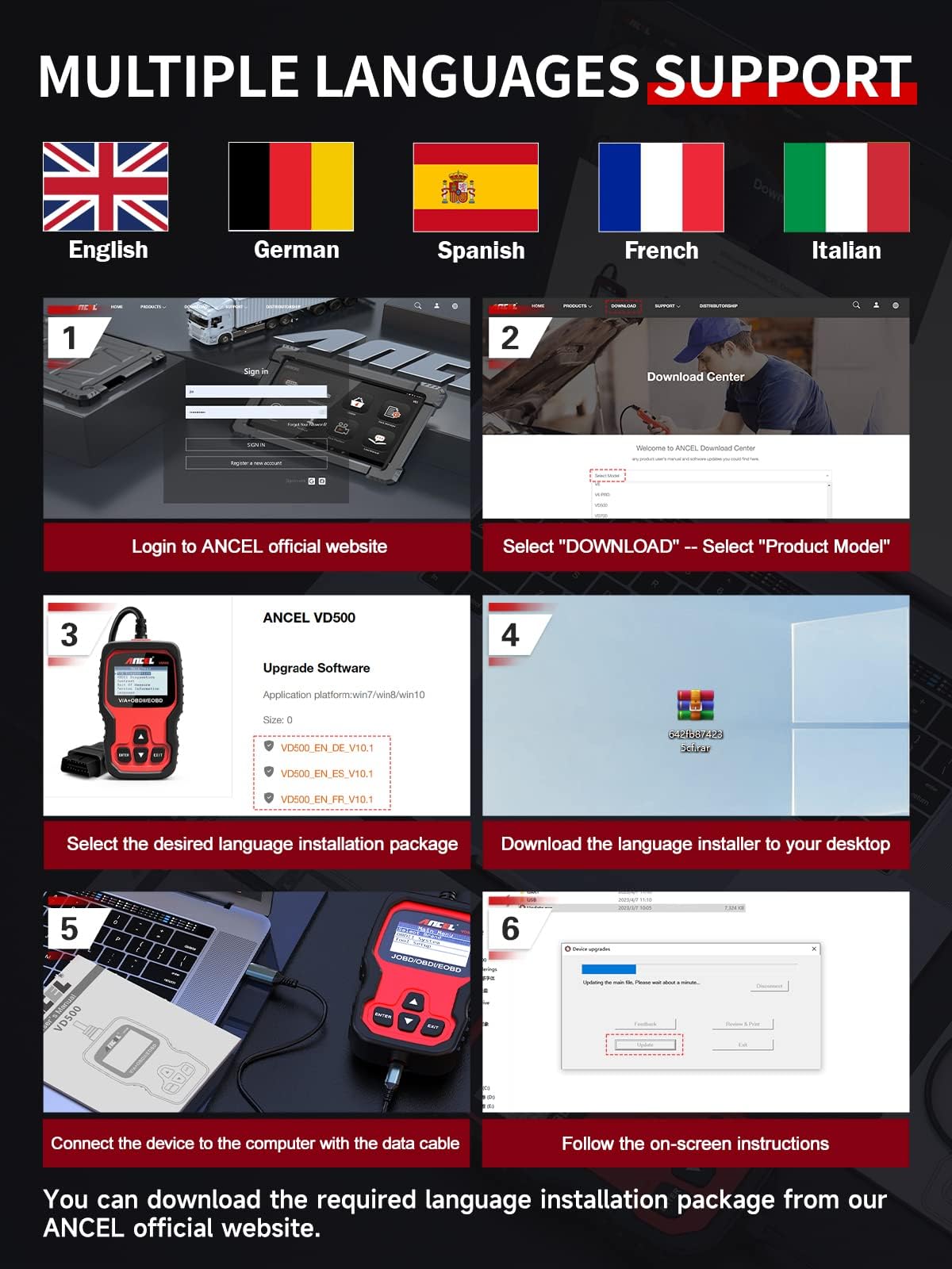ANCEL VD500Pro OBD2 diagnostic tool for VW/Audi/Skoda/Seat vehicles. Wired, reads fault codes, engine light, EPB, oil, and TPS reset functions. Available in German.