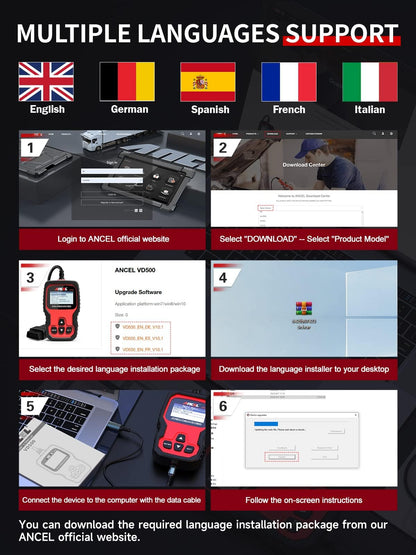 ANCEL VD500Pro OBD2 diagnostic tool for VW/Audi/Skoda/Seat vehicles. Wired, reads fault codes, engine light, EPB, oil, and TPS reset functions. Available in German.