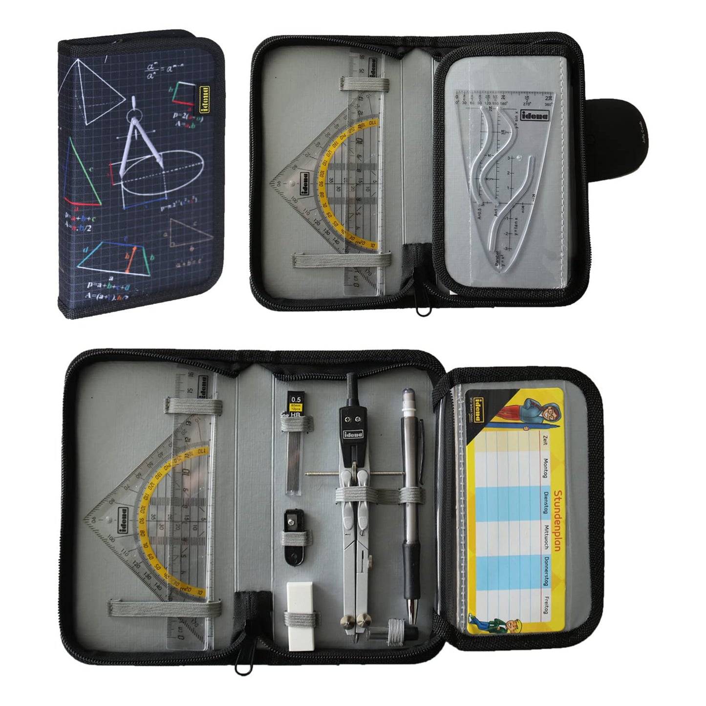 Idena 20066 - compass in case, 11-piece set, with protractor, ruler, spare leads for compass & Linex plastic protractor with handle, 30 cm, shatterproof and transparent