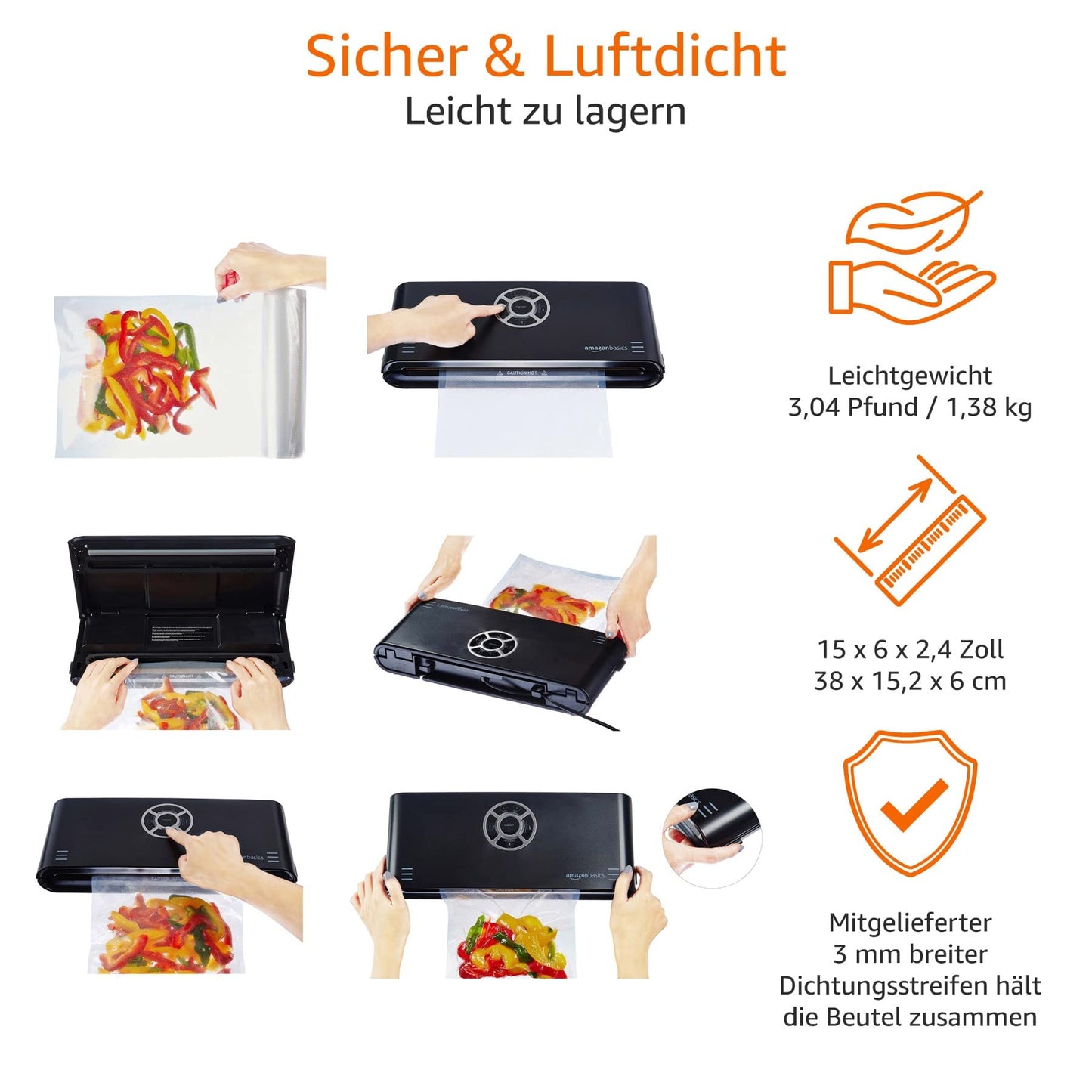 Amazon Basics Vacuum Sealer, 30 cm seam + 10 vacuum bags, Black