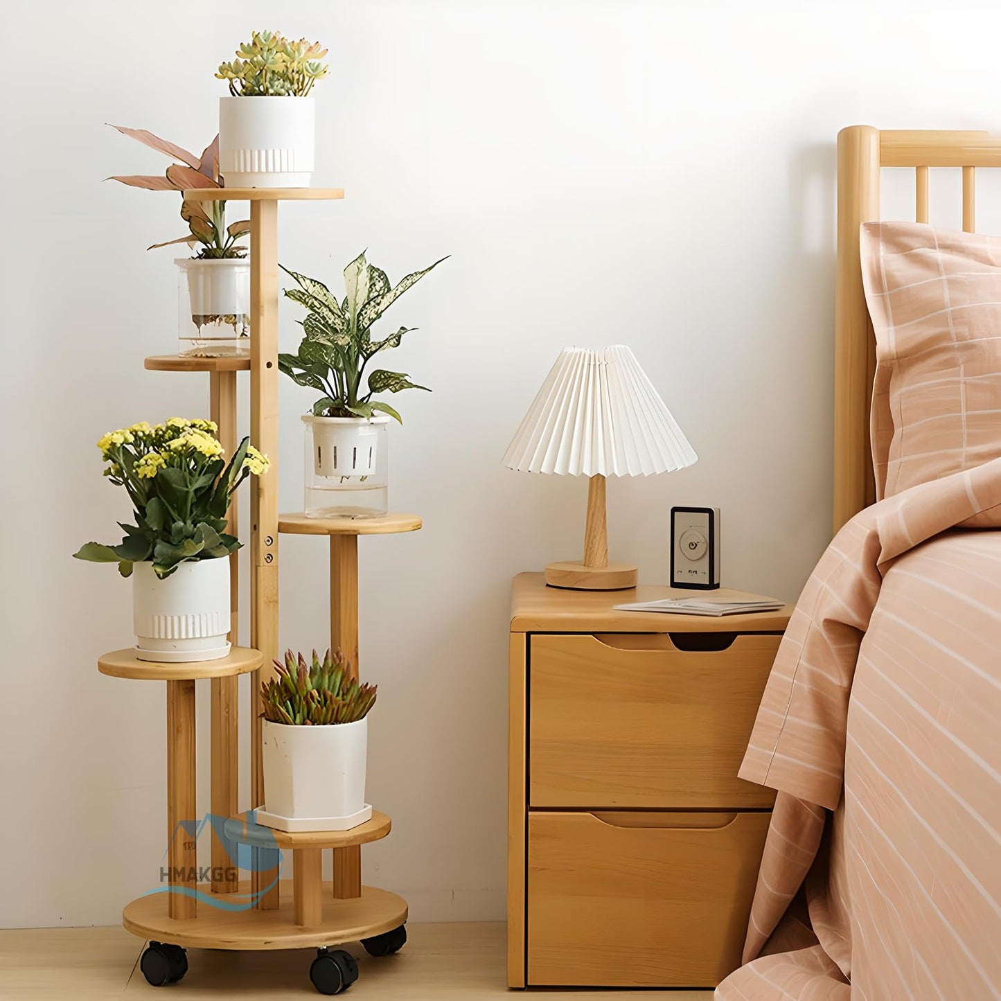 HMAKGG Bamboo Flower Stand with Wheels, 5-Tier Plant Stand 90CM Flower Shelf Balcony, Flower Steps Inside for Flower Pots, Natural Plant Shelf for Living Room Bedroom Garden, Ø19cm