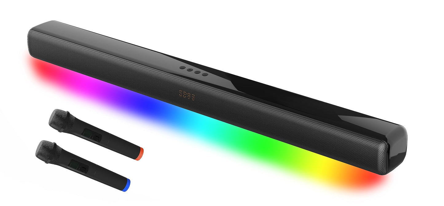 Vocal-Star Karaoke Machine, Soundbar, 250w, 2 wireless UHF microphones, wall mount, 9 RGBW light effects, remote control, HDMI ARC, BT, AUX, Optical.