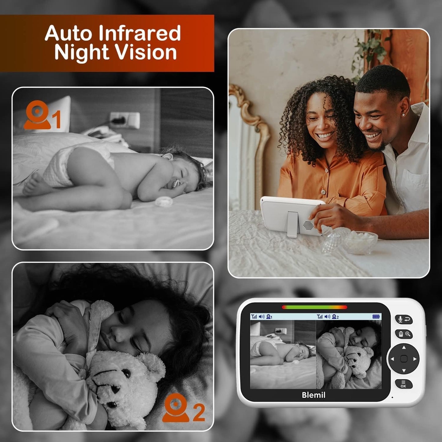 Baby monitor with 2 cameras and audio, 30-hour battery, 5" large split-screen video baby monitor with 2 cameras and audio, remote pan/tilt/zoom, two-way talk, room temperature, auto night vision.