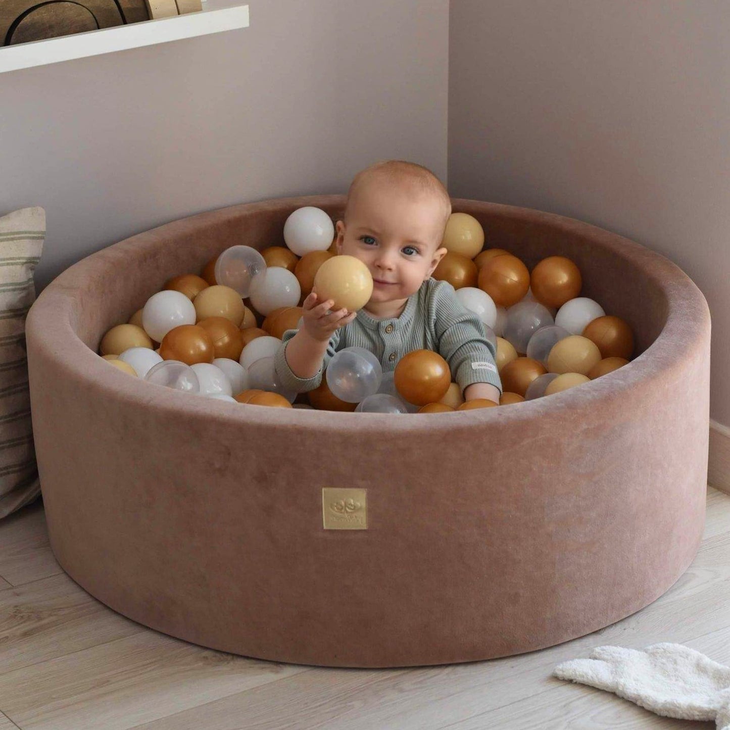 MEOWBABY Ball Pit 90x30cm Velvet - Ball Pit for Babies from 1 Year - Soft Foam Ball Pit for Kids with 200 Balls, Beige