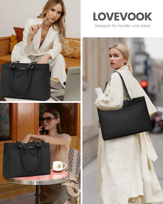 LOVEVOOK laptop bag for women 15.6 inch, lightweight briefcase work handbag large, elegant laptop bag business shopper bag teacher bag shoulder bag women for college school office, black