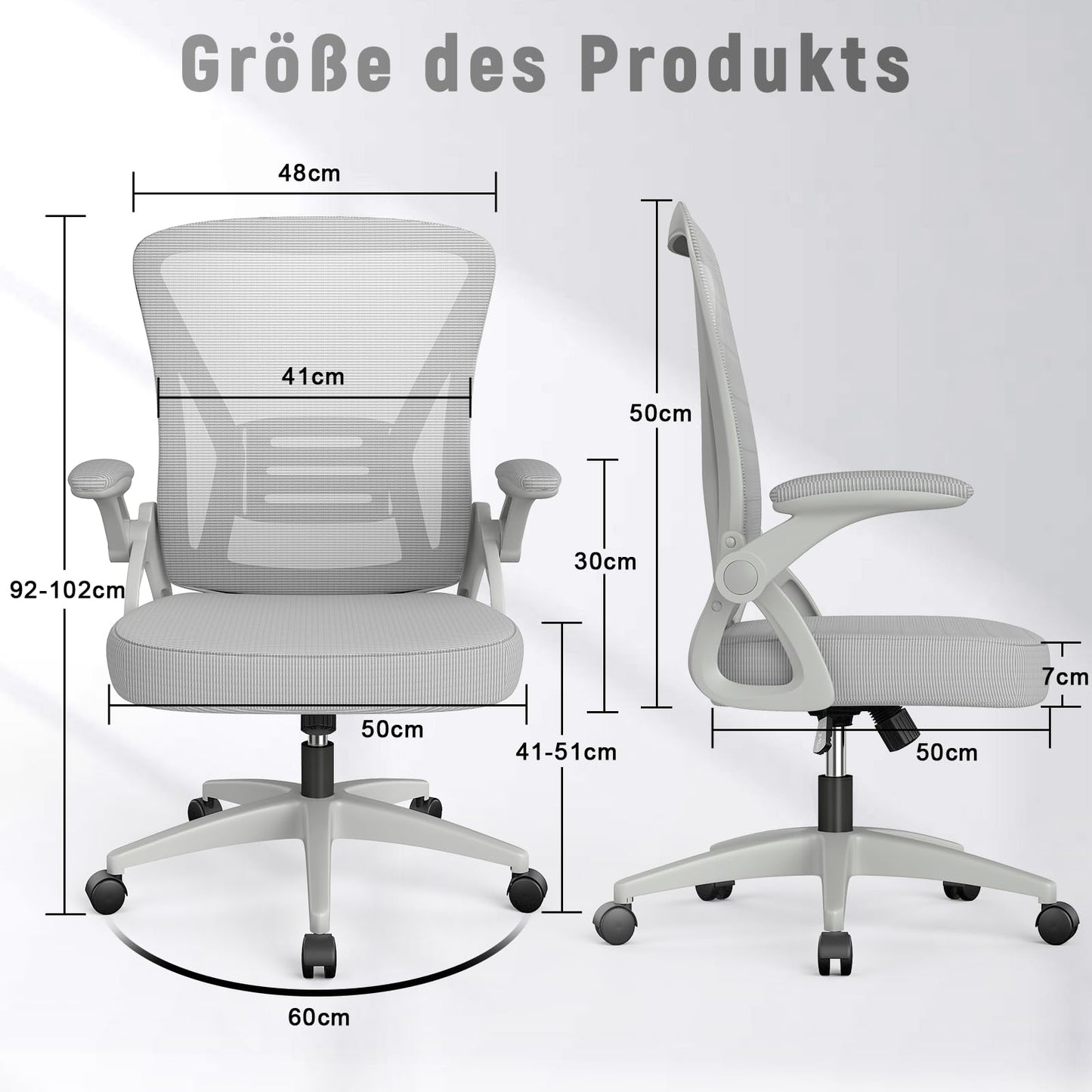 naspaluro office chair with adjustable armrests, ergonomic desk chair with mesh backrest, lumbar support, height adjustable, padded seat cushion, 360° swivel chair, gray