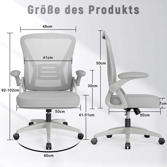 naspaluro office chair with adjustable armrests, ergonomic desk chair with mesh backrest, lumbar support, height adjustable, padded seat cushion, 360° swivel chair, gray