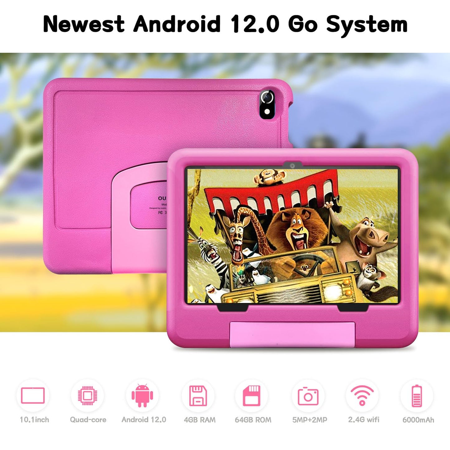 Kids Tablet, Octa Core 10-inch Touchscreen Tablet, 4 GB RAM + 64 GB ROM Android 12 Learning Tablet with Case, WiFi, Parental Control, Dual Cameras, Games, Bluetooth, Learning Tablet - Children's Tablet (Pink)