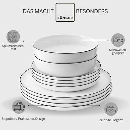 SINGER | Marlo Black Rim white tableware set, 18 pieces for 6 people made of porcelain, white with black accents, dinner plates, dessert plates, and bowls, modern design | PREMIUM COLLECTION