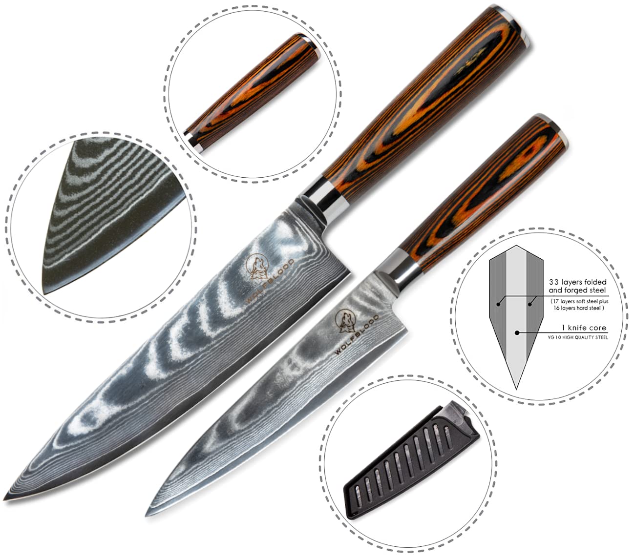 Wolfblood 2-piece damascus knife set (32cm and 24cm) Professional kitchen knives made of authentic 67-layer damascus steel. Set includes chef's knife, cooking knife, wooden handle, gift box, and blade guard.