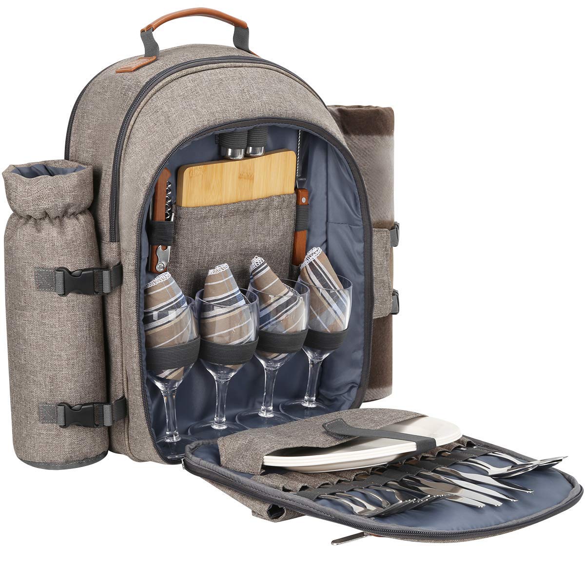 Sunflora picnic backpack set for 4 persons with insulated cooler and blanket, picnic basket for 4 persons for camping outdoor (beige)