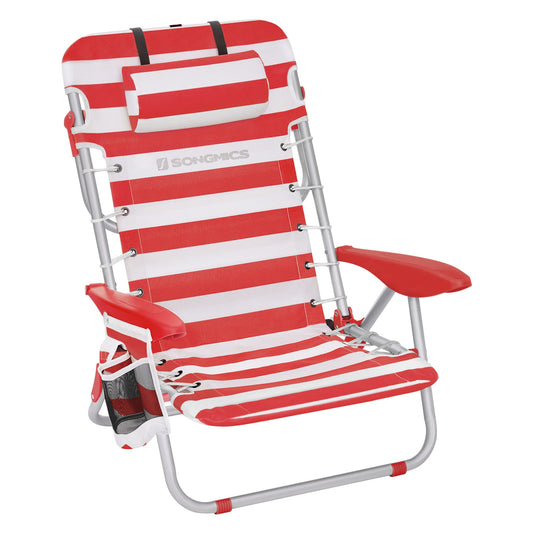 SONGMICS beach chair, camping chair, foldable, with shoulder strap, adjustable backrest, headrest, armrest, 2 side pockets, red and white GCB062R01