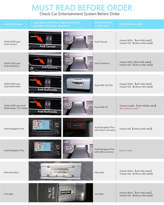 Airdual Bluetooth 5.0 adapter is compatible with Audi MMI 3G AMI Music Interface, Audi Symphony, Audi Concert, VW MDI, Mercedes Media Interface.