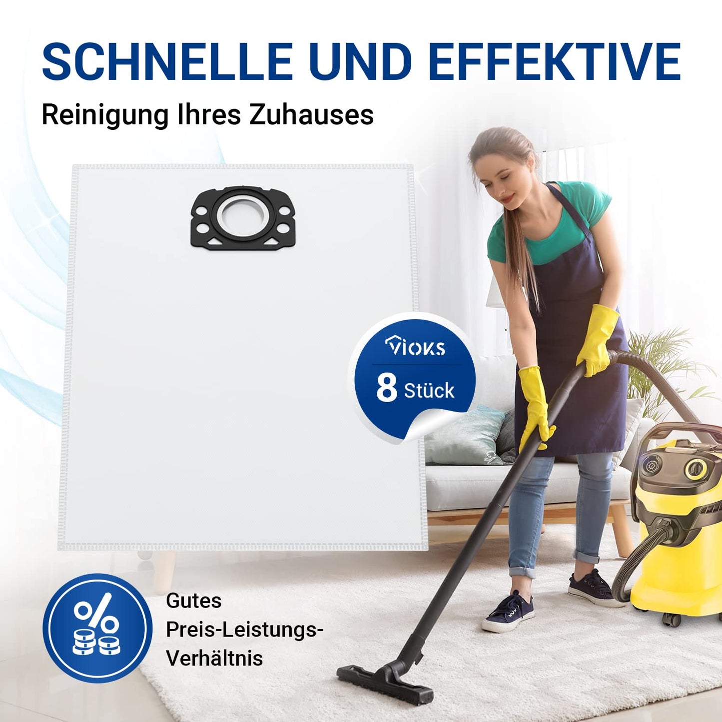 VIOKS 8x Vacuum Cleaner Bags Replacement for Kärcher 2.863-006.0 Fleece Filter Bag KFI 487 - Kärcher Filter Bags Fleece Vacuum Cleaner Bags for Kärcher Wet Dry Vacuums WD4 WD5 WD6 MV4 MV5 MV6 WD5P WD6P