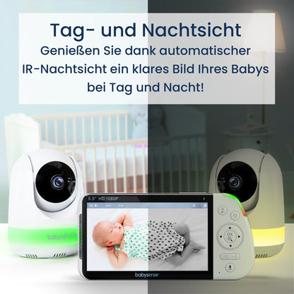 Babysense video baby monitor with camera, No Wi-Fi, 5.5-inch 1080p Full HD display, 6-color night light, 300m range, Two-way audio, 4X zoom, 5000mAh battery.