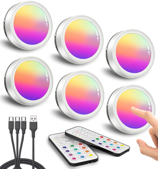 Wireless LED cabinet lighting with remote control and timer, RGB LED spot rechargeable via USB, cabinet lighting without cables, round under cabinet light with magnetic strip, battery-powered touch shelf lighting.