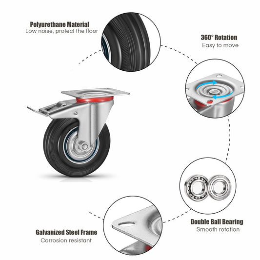 8 heavy-duty casters 160 mm swivel casters transport casters with brakes, load capacity up to 600 kg pallet casters, furniture casters 360° swivel silent (4 brake casters, 4 swivel casters)
